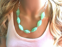 Load image into Gallery viewer, Creamy mint green Statement Necklace &amp; Earrings, mint green jewelry, Your Choice GOLD or SILVER, green bib chunky necklace, green necklace