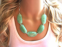 Load image into Gallery viewer, Creamy mint green Statement Necklace &amp; Earrings, mint green jewelry, Your Choice GOLD or SILVER, green bib chunky necklace, green necklace