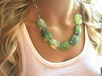 Resin & dark green Statement Necklace Earrings, forest green jewelry, Your Choice GOLD or SILVER, green bib chunky necklace, green necklace