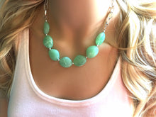 Load image into Gallery viewer, Creamy mint green Statement Necklace &amp; Earrings, mint green jewelry, Your Choice GOLD or SILVER, green bib chunky necklace, green necklace