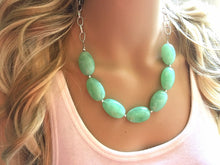 Load image into Gallery viewer, Creamy mint green Statement Necklace &amp; Earrings, mint green jewelry, Your Choice GOLD or SILVER, green bib chunky necklace, green necklace