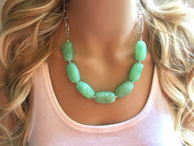 Load image into Gallery viewer, Creamy mint green Statement Necklace &amp; Earrings, mint green jewelry, Your Choice GOLD or SILVER, green bib chunky necklace, green necklace