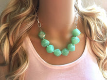 Load image into Gallery viewer, Creamy mint green Statement Necklace &amp; Earrings, mint green jewelry, Your Choice GOLD or SILVER, green bib chunky necklace, green necklace