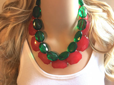 Red Green Statement Necklace, Chunky Beaded Necklace, Christmas Jewelry, green Necklace, red christmas beaded necklace earrings