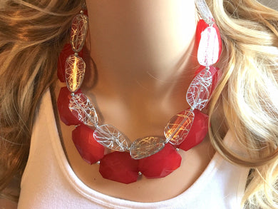 Red Silver Statement Necklace, Chunky Beaded Necklace, Christmas Jewelry, resin Necklace, red christmas beaded necklace earrings