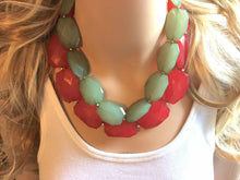 Load image into Gallery viewer, Red Green Statement Necklace, Chunky Beaded Necklace, Christmas Jewelry, green Necklace, red christmas beaded necklace earrings