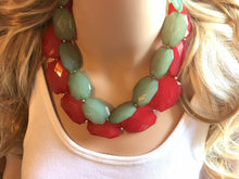 Load image into Gallery viewer, Red Green Statement Necklace, Chunky Beaded Necklace, Christmas Jewelry, green Necklace, red christmas beaded necklace earrings