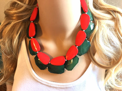 Red Green Statement Necklace, Chunky Beaded Necklace, Christmas Jewelry, green Necklace, red christmas beaded necklace earrings