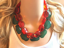 Load image into Gallery viewer, Red Green Statement Necklace, Chunky Beaded Necklace, Christmas Jewelry, green Necklace, red christmas beaded necklace earrings