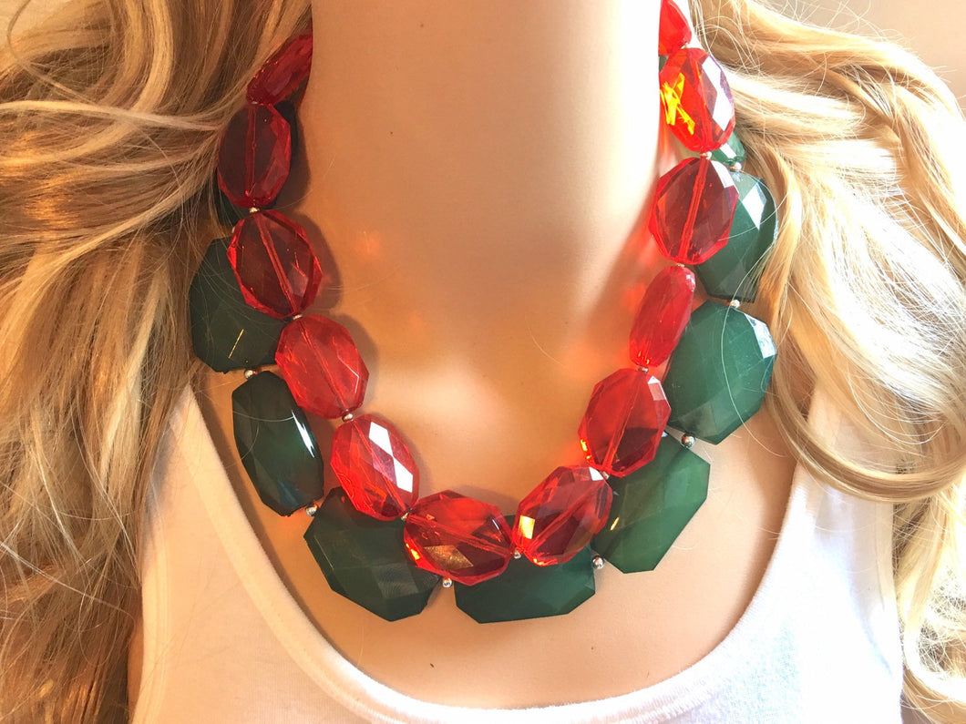 Red Green Statement Necklace, Chunky Beaded Necklace, Christmas Jewelry, green Necklace, red christmas beaded necklace earrings