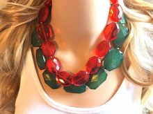 Load image into Gallery viewer, Red Green Statement Necklace, Chunky Beaded Necklace, Christmas Jewelry, green Necklace, red christmas beaded necklace earrings