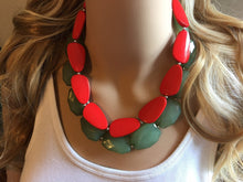 Load image into Gallery viewer, Red Green Statement Necklace, Chunky Beaded Necklace, Christmas Jewelry, green Necklace, red christmas beaded necklace earrings