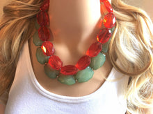 Load image into Gallery viewer, Red Green Statement Necklace, Chunky Beaded Necklace, Christmas Jewelry, green Necklace, red christmas beaded necklace earrings