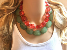 Load image into Gallery viewer, Red Green Statement Necklace, Chunky Beaded Necklace, Christmas Jewelry, green Necklace, red christmas beaded necklace earrings