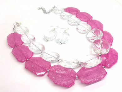 Pink & Clear Necklace, multi strand jewelry, big beaded chunky statement necklace, pink necklace, bridesmaid necklace, clear necklace