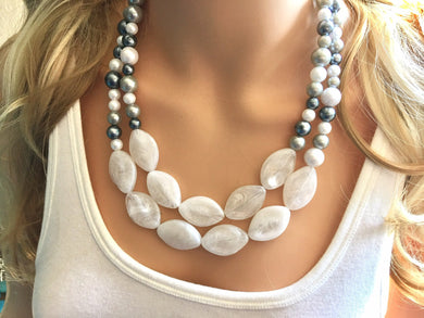 Gray & White Necklace, multi strand jewelry, big beaded chunky statement necklace, gray necklace, bridesmaid necklace, bib necklace, gray