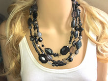 Load image into Gallery viewer, Gray &amp; Black Extra Chunky Statement Necklace, gray and black beaded jewelry, Multi Strand Bib Necklace, Beaded necklace, black necklace