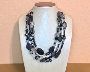 Gray & Black Extra Chunky Statement Necklace, gray and black beaded jewelry, Multi Strand Bib Necklace, Beaded necklace, black necklace