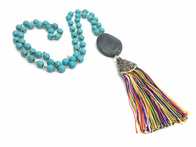 Rainbow Chunky Long Statement Tassel Necklace, turquoise necklace, tassel necklace, long tassel jewelry, beaded tassel necklace colorful