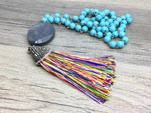 Load image into Gallery viewer, Rainbow Chunky Long Statement Tassel Necklace, turquoise necklace, tassel necklace, long tassel jewelry, beaded tassel necklace colorful