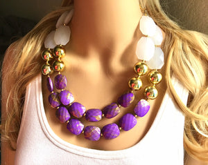 Purple Gold White Statement Necklace, Chunky Two Strand Jewelry, purple necklace, gold necklace, COLOR BLOCK, bib necklace, white gold