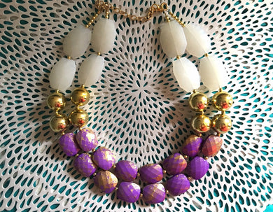 Purple Gold White Statement Necklace, Chunky Two Strand Jewelry, purple necklace, gold necklace, COLOR BLOCK, bib necklace, white gold