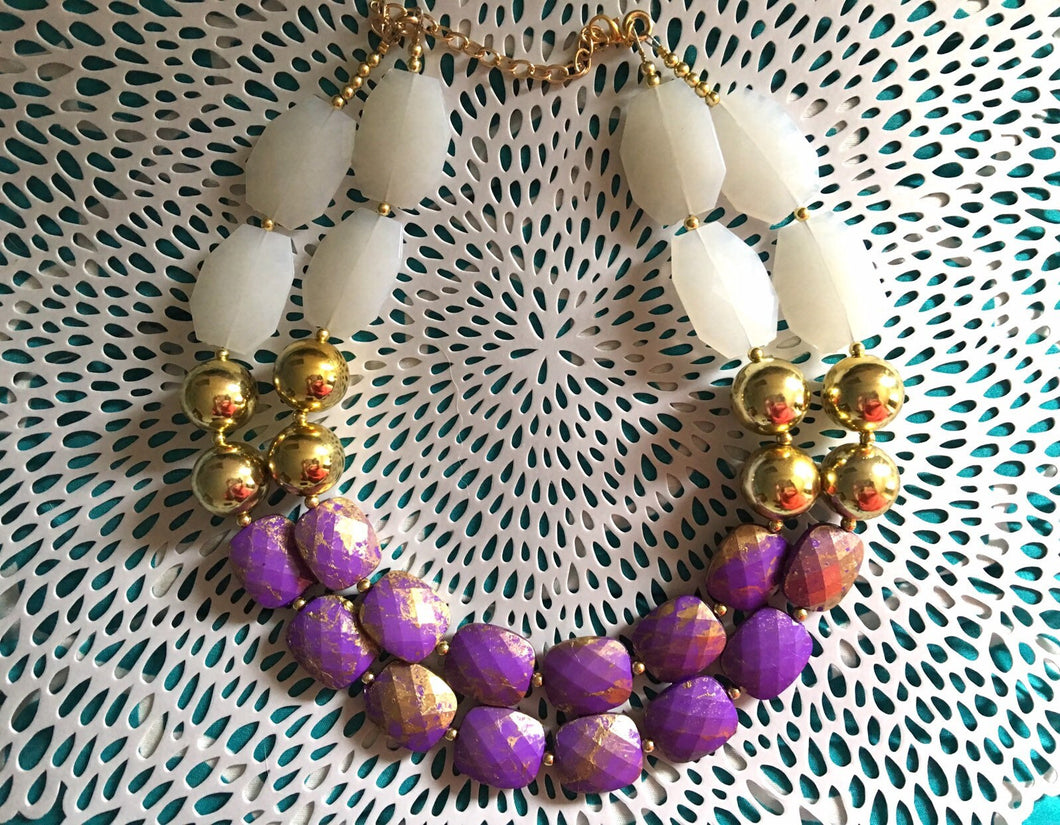 Purple Gold White Statement Necklace, Chunky Two Strand Jewelry, purple necklace, gold necklace, COLOR BLOCK, bib necklace, white gold