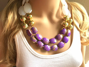 Purple Gold White Statement Necklace, Chunky Two Strand Jewelry, purple necklace, gold necklace, COLOR BLOCK, bib necklace, white gold