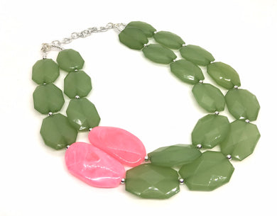 Pink & Green Statement Necklace, Multi-Strand, Double Layer Chunky Jewelry, pink green jewelry, beaded necklace, green necklace, Green pink