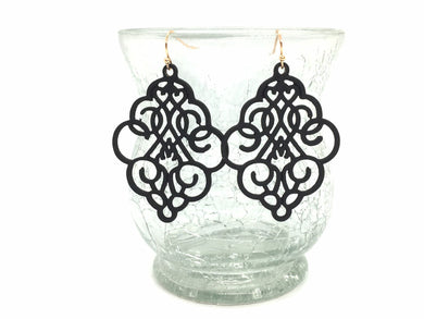 Filigree Earrings, Black drop Earrings, Metal Filigree Earrings, filigree jewelry, black jewelry cutout lace earrings, black & gold earrings