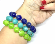 Load image into Gallery viewer, Colorful stretch rainbow bracelets, beaded silver jewelry, set 3 stretchy bracelet, bubble  royal sky blue green jewelry arm stacking wrap