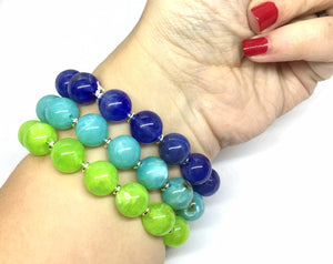 Colorful stretch rainbow bracelets, beaded silver jewelry, set 3 stretchy bracelet, bubble  royal sky blue green jewelry arm stacking wrap