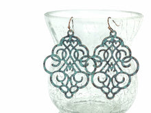 Load image into Gallery viewer, Filigree Earrings, matte weathered drop Earrings, Metal Filigree Earrings, filigree jewelry, jewelry cutout lace earrings silver pendant