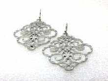 Load image into Gallery viewer, Filigree Earrings, SHINY silver drop Earrings, Metal Filigree Earrings, filigree jewelry, silver jewelry cutout lace earrings silver pendant