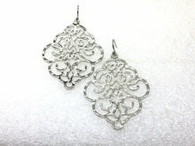 Load image into Gallery viewer, Filigree Earrings, SHINY silver drop Earrings, Metal Filigree Earrings, filigree jewelry, silver jewelry cutout lace earrings silver pendant