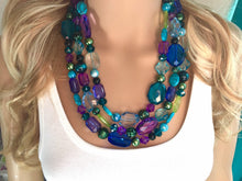 Load image into Gallery viewer, Mermaid Peacock Chunky Statement Necklace, Triple Strand Beaded Jewelry, Purple Blue Green jewelry, bridesmaid wedding bib resin