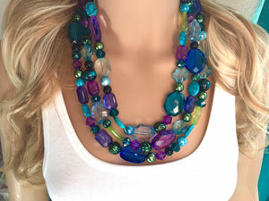 Mermaid Peacock Chunky Statement Necklace, Triple Strand Beaded Jewelry, Purple Blue Green jewelry, bridesmaid wedding bib resin