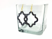 Load image into Gallery viewer, Black Marble Earrings, Black drop Earrings, acrylic Filigree Earrings, resin lucite acetate acrylic boho black jewelry cutout lace earring