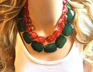 Red Green Statement Necklace, Chunky Beaded Necklace, Christmas Jewelry, green Necklace, red christmas beaded necklace earrings