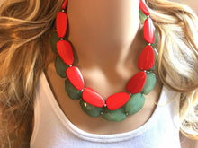 Load image into Gallery viewer, Red Green Statement Necklace, Chunky Beaded Necklace, Christmas Jewelry, green Necklace, red christmas beaded necklace earrings