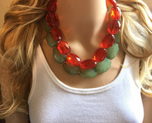 Load image into Gallery viewer, Red Green Statement Necklace, Chunky Beaded Necklace, Christmas Jewelry, green Necklace, red christmas beaded necklace earrings