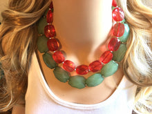 Load image into Gallery viewer, Red Green Statement Necklace, Chunky Beaded Necklace, Christmas Jewelry, green Necklace, red christmas beaded necklace earrings