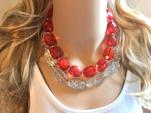 Load image into Gallery viewer, Red Silver Statement Necklace, Chunky Beaded Necklace, Christmas Jewelry, resin Necklace, red christmas beaded necklace earrings