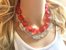 Load image into Gallery viewer, Red Silver Statement Necklace, Chunky Beaded Necklace, Christmas Jewelry, resin Necklace, red christmas beaded necklace earrings