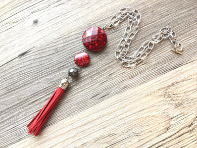 Red Tassel Chunky Long Statement Necklace, silver necklace, beaded long necklace, long tassel necklace, red beaded statement jewelry