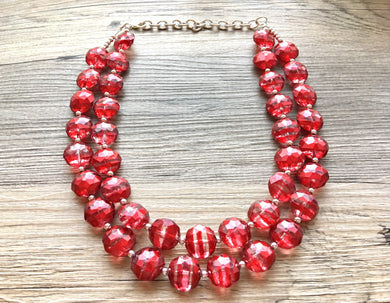 Cherry Red Necklace, Double strand bright red jewelry, big beaded chunky statement necklace, metallic red & resin octagon beads