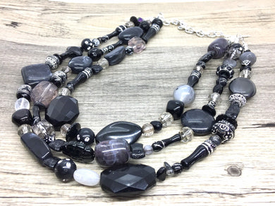 Gray & Black Extra Chunky Statement Necklace, gray and black beaded jewelry, Multi Strand Bib Necklace, Beaded necklace, black necklace