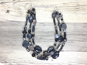 Gray & Black Extra Chunky Statement Necklace, gray and black beaded jewelry, Multi Strand Bib Necklace, Beaded necklace, black necklace