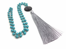 Load image into Gallery viewer, Gray Chunky Long Statement Tassel Necklace, turquoise necklace, tassel necklace, long tassel jewelry, beaded tassel necklace colorful