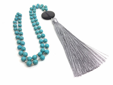 Gray Chunky Long Statement Tassel Necklace, turquoise necklace, tassel necklace, long tassel jewelry, beaded tassel necklace colorful